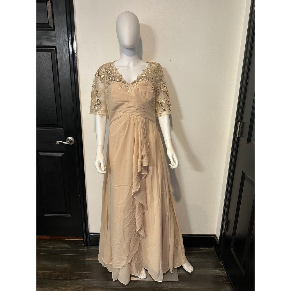 Champagne Chiffon Evening Gown Gold Sequin Floral Embroidery Cowl Back Dress - Picture 2 of 3